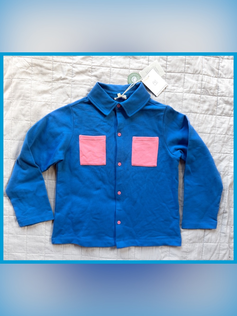 NWT The Sunday Collective Organic Shirt Jacket Blue Pink Unisex Boy Girl 10 11